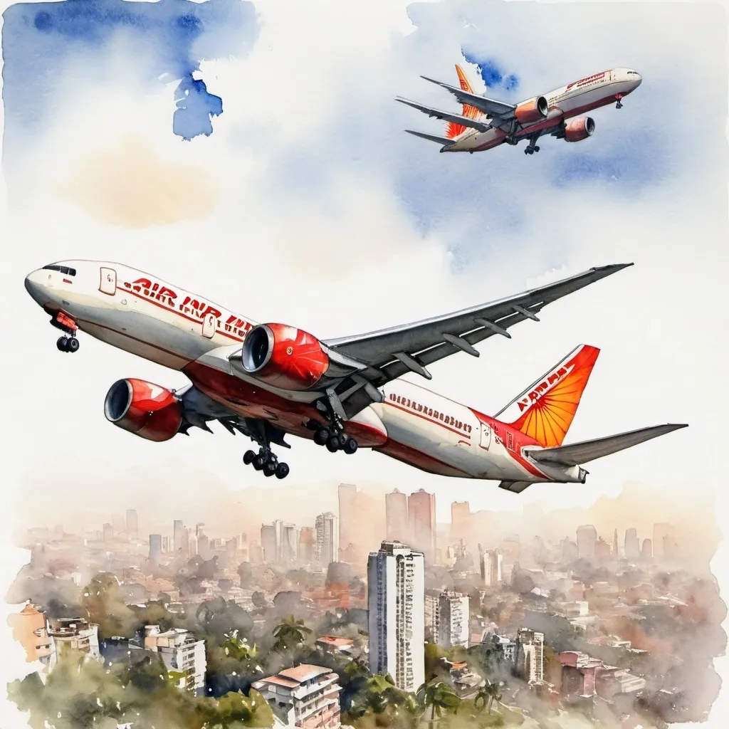 Prompt: Air India Boeing 777 Flying Above Mumbai, Watercolor