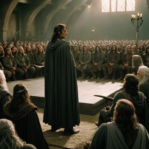 Prompt: aragorn giving a speech to Rohan's army while gandalf stands next to aragorn