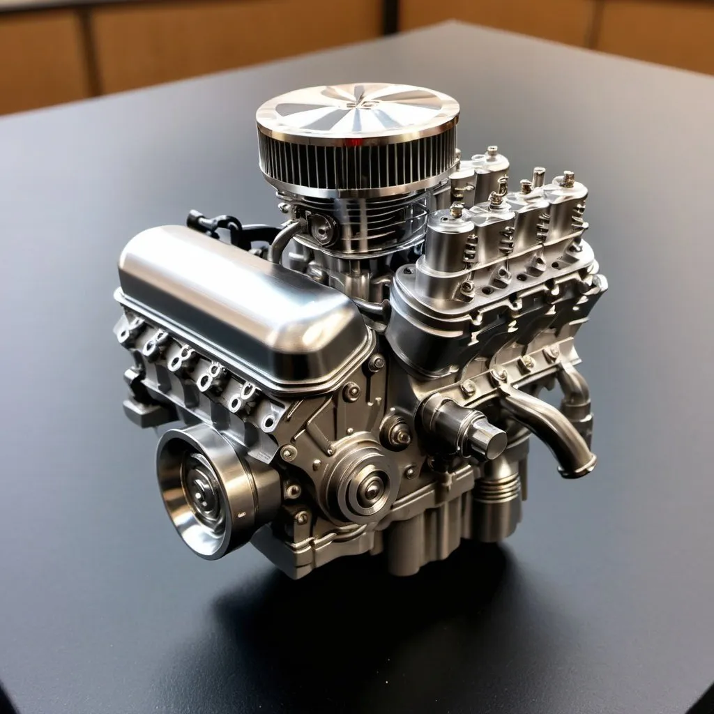 Prompt: Handcrafted miniature V8 engine made with CNC, detailed metallic components, realistic finish, high quality, realistic, miniature, metallic, handcrafted, CNC, detailed, V8 engine, small scale, hobbyist, craftsmanship, intricate details