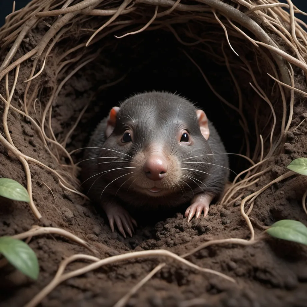 Prompt: Photorealistic rendering of a small mole with closed eyes,  in and underground nest
