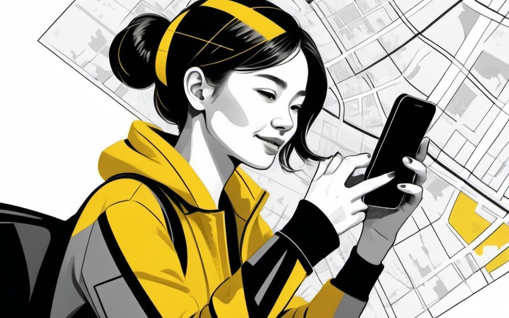 Prompt: Yellow and black and white color pallet theme, a happy white person with her cell phone in his hand and a map on the phone screen, Ai-Mitsu, futurism, extreme illustration, a digital rendering