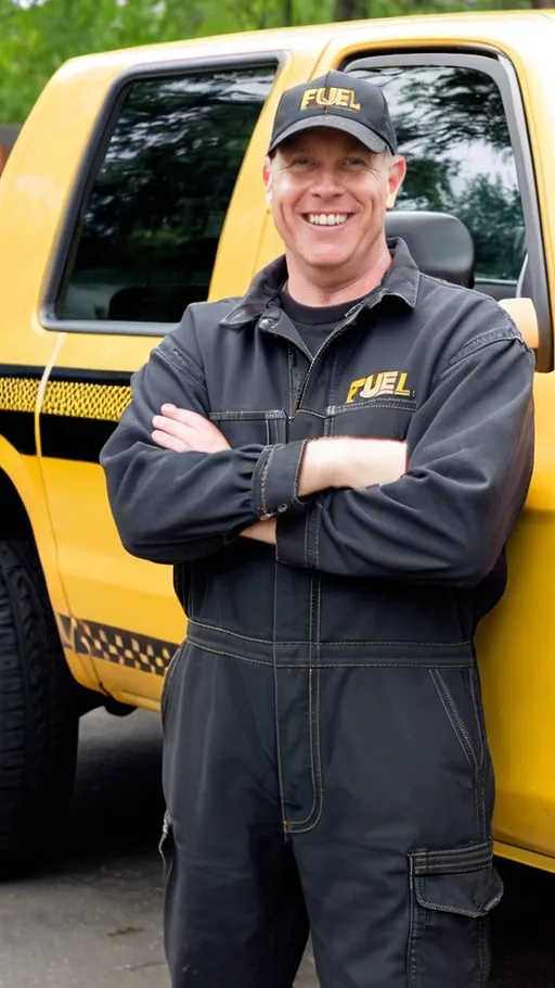 Prompt: A white man in a "FUEL TAXI" outffit in black coveralls and a black baseball hat smiling standing in front of a yellow pickup truck