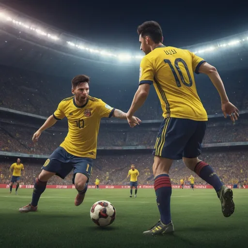 Prompt: Intense football match, vibrant stadium atmosphere, Messi vs Colombian Luis Diaz face-off, high energy, dynamic action, realistic digital painting, detailed player expressions, stadium packed with passionate fans, 4k resolution, intense rivalry, dramatic lighting, vibrant colors, professional sports illustration