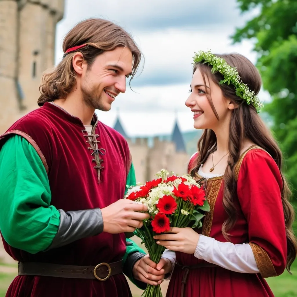 Prompt: a fair-haired 30 years old male warrior in medieval clothes gets a circlet of flowers from a brunette green-eyed 20 years girl in medieval clothes , red and dark medieval clothes, castle, beautiful faces, detailed faces, normal hands, smile