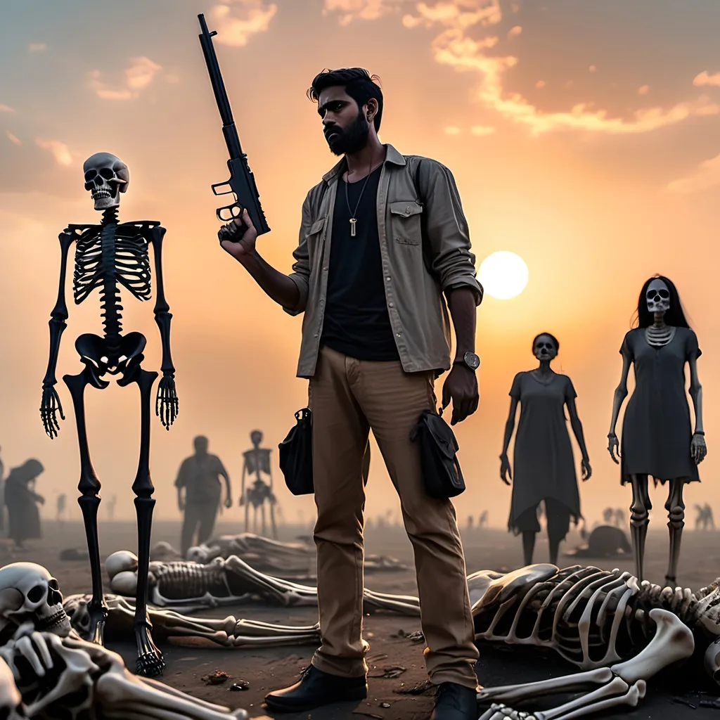 Prompt: Really cool drop as character who is short indian man holding the gun and standing on carcases and  women skeleton Ghosts crying standing while there is sunsetting in the background