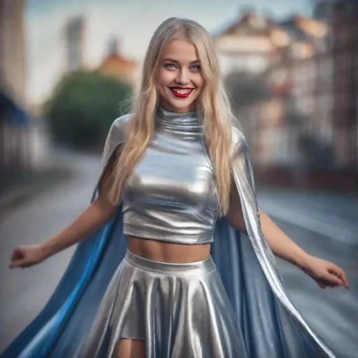 Prompt: breathtakingly beautiful smiling girl , long blonde hair , blue eyes , red lips , (((wearing  a long shiny silver cape tied at neck ))+++ ,  crop top , silver skater skirt  ,full body , 8K , insane details, lifelike, elegant ,  DSLR ,HDR , film grain