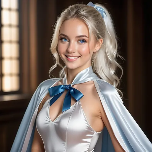 Prompt: (eaw photo) , Blue-eyed girl in her 20s smiling with long white hairin ponytail , long voluminous silver satin cape tied at the neck with a ribbon , leotard , full body, slight skin blemishes, sly smile, high-quality ultra realistic style, warm tones, soft lighting, detailed eyes, subtle freckles, professional, expressive