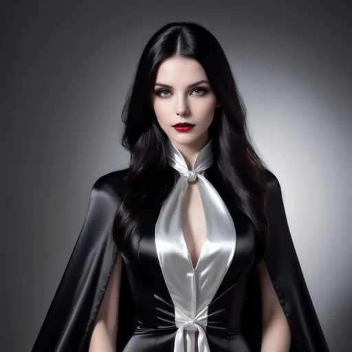 Prompt: long high collar shiny black and silver cloak tied at the neck , delicate and beautiful , pretty vampire girl , long black hair , (white satin chemise:1,9), RAW Photo , full colour , best quality , HDR , photographic , realism pushed to extreme , fine texture , ultrarealistic, film grain , full length , 8K , night , vogue,