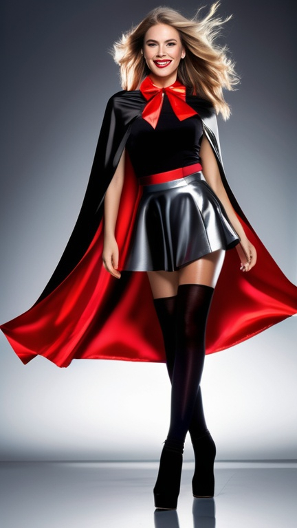 Prompt: pretty smiling woman , long windswept hair , floor length glossy black and red cape tied at the neck with ribbon , glossy silver skater skirt , full length , 8k , ultrarealistic