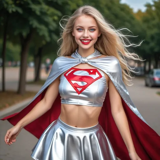 Prompt: breathtakingly beautiful smiling girl , long blonde hair , blue eyes , red lips , (((wearing  a long shiny silver cape tied at neck ))+++ ,  crop top , silver skater skirt  ,full body , 8K , insane details, lifelike, elegant ,  DSLR ,HDR , film grain