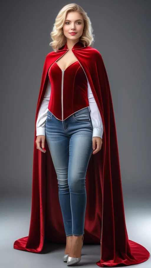 Prompt: Very pretty blonde girl wearing a Red velvet cape with glossy silver lining, 8K , ultrarealistic ,HDR , highly detailed , full body shot