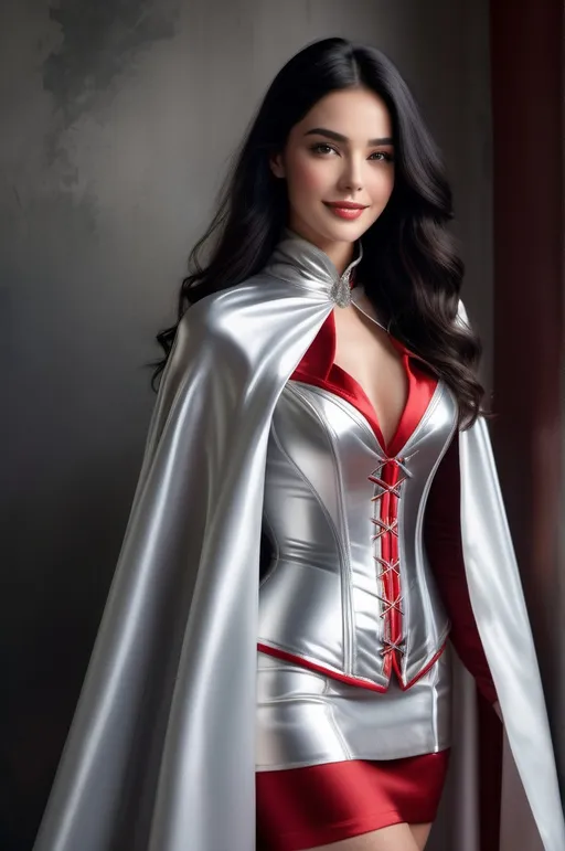Prompt: A stunning and ethereal young woman with long flowing black hair wearing a silver corset and a short skirt. She is adorned in a long high collar cloak, with a shiny silver exterior and a vibrant red lining, elegantly tied at the neck. Her smiling face exudes pure beauty and grace. The image is captured in RAW format, offering the highest quality and dynamic range, resulting in an extreme level of realism. Every intricate detail is showcased, from the fine texture of her outfit to the film grain adding a touch of nostalgia. The composition is a full-length shot, presented in mesmerizing 8K resolution. The overall aesthetic is reminiscent of a vogue-style fashion shoot.