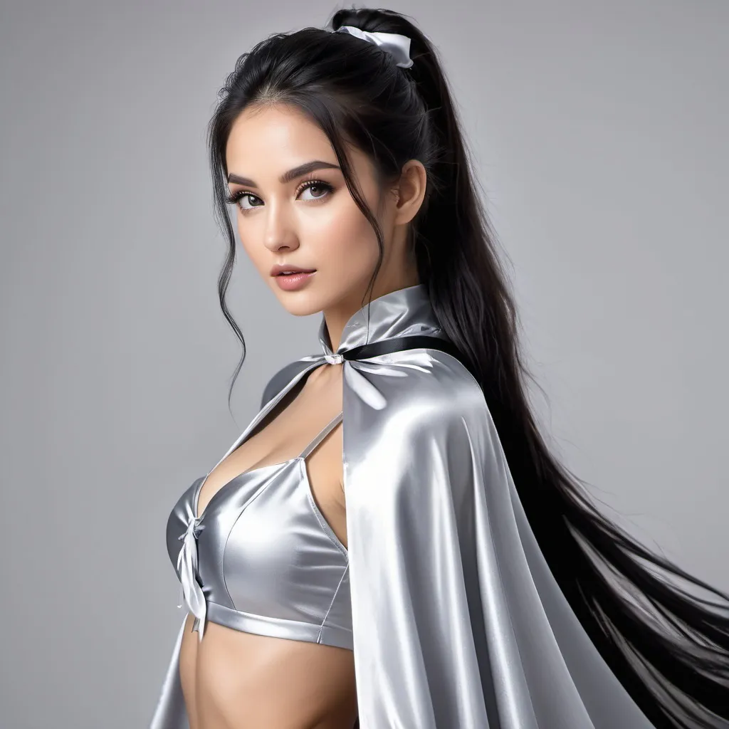Prompt: (RAW photo, best quality, masterpiece, ultra-detailed, high res), (realistic),(extremely delicate and beautiful:1), mesmerizing picture of beautiful girl with long black hair , messy ponytail, wearing a long silver satin cape tied at the neck with a ribbon , silver leotard and short skirt , highly detailed, extremely high-resolution details, photographic, realism pushed to extreme, fine texture, 4k, ultra-detailed, high quality, high contrast 