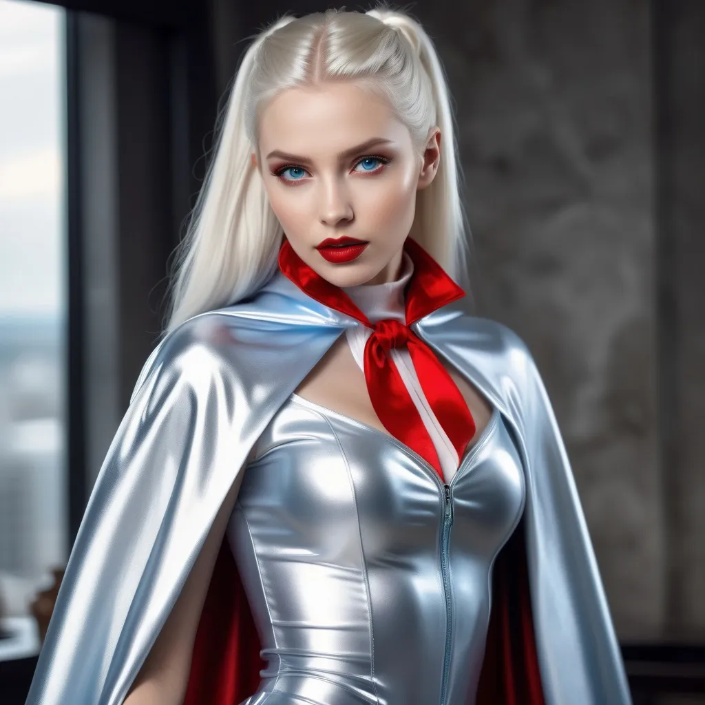 Prompt: Floor length high collar shiny Silver cloak tied at the neck , breathtakingly beautiful vampire girl , platinum blonde hair, ponytail,  blue eyes , red lips , pencil skirt , full length , 8K , elfish undertones, , ultrarealistic, film grain