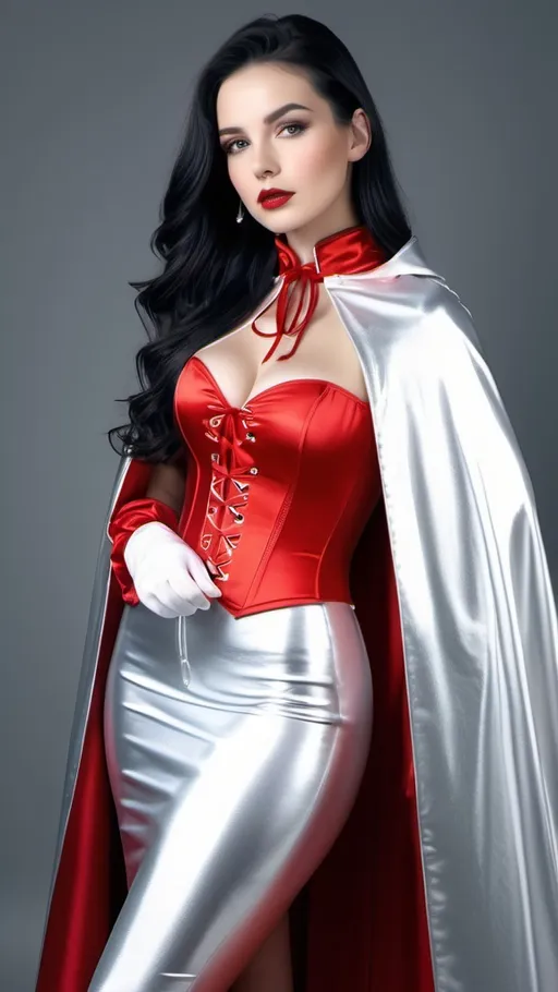 Prompt: ((long high collar shiny silver and red lined cloak tied at the neck)), delicate and beautiful , pretty girl , long black hair , silver corset and short skirt , RAW Photo , full colour , best quality , HDR , photographic , realism pushed to extreme , fine texture , ultrarealistic, film grain , full length , 8K , vogue,