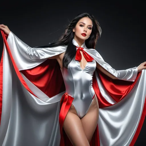 Prompt: (RAW photo, best quality, masterpiece, ultra-detailed, high res), (realistic),(extremely delicate and beautiful:1), mesmerizing picture of beautiful girl with long black hair , wearing a long silver and red lined satin cape tied at the neck with a ribbon , silver leotard , highly detailed, extremely high-resolution details, photographic, realism pushed to extreme, fine texture, 4k, ultra-detailed, high quality, high contrast