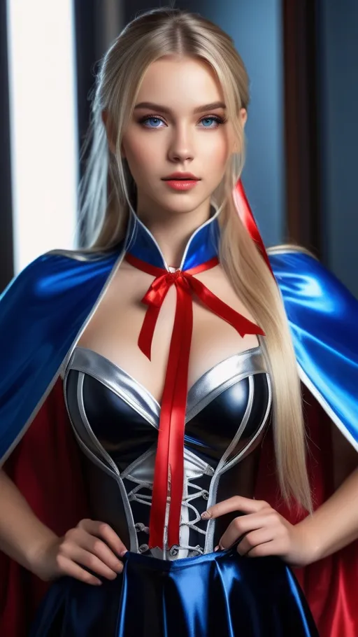 Prompt: Gorgeous girl , long blonde hair , ponytail , silver bustier, long glossy skirt , long glossy blue lined black cloak tied at neck with red ribbons , 8K , ultra detailed, highly detailed, ultrarealistic, film grain, professional, HD