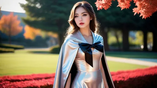 Prompt: Create a highly detailed, ultra realistic, AI defined image of a highly desirable "girl next door look" young adult college student in a floor length silver satin cape tied at the neck with a ribbon , ample cleavage, Japanese sailor suit uniform , classic makeup, at a unique fantasy school, 

wide landscape lense, ISO 500, Aperture f/22, APS-C, Splash art, dark fantasy art, stunning bokeh, cinematic lighting and scale, super detailed, 64k, high quality perfect lighting, perfect shadows.