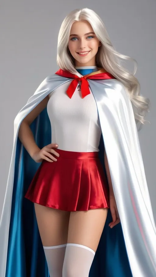 Prompt: Lifelike Blue-eyed girl in her 20s smiling with long white hair, long silver and red satin cape tied at the neck with a ribbon , mini skirt   , full body, slight skin blemishes, sly smile, high-quality ultra realistic style, warm tones, soft lighting, detailed eyes, subtle freckles, professional, expressive