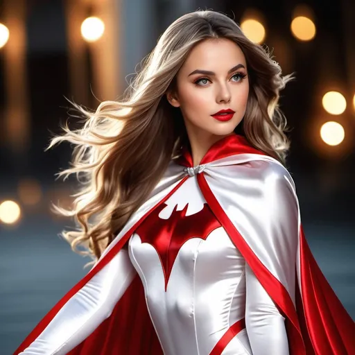 Prompt: (RAW photo, best quality, masterpiece, ultra-detailed, high res), (realistic),(extremely delicate and beautiful:1), mesmerizing picture of a gorgeous girl with long flowing hair, wearing a long white and red lined satin cape tied at the neck with a ribbon , silver leotard and short skirt , with a eye mask like batgirl, highly detailed, extremely high-resolution details, photographic, realism pushed to extreme, fine texture, 4k, ultra-detailed, high quality, high contrast 