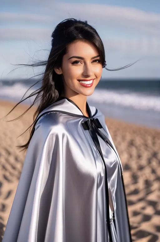 Prompt: Create a highly detailed, ultra realistic, AI defined image of a highly desirable "girl next door look" young adult college smiling student in a floor length glossy silver satin cape tied up at the neck with ribbon, ample cleavage, long black hair , wearing nothing , classic makeup, on the beach

wide landscape lense, ISO 500, Aperture f/22, APS-C, Splash art, dark fantasy art, stunning bokeh, cinematic lighting and scale, super detailed, 64k, high quality perfect lighting, perfect shadows.