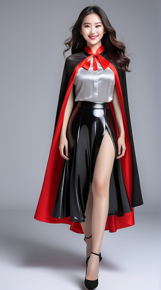 Prompt: pretty smiling chinese woman , long windswept hair , floor length glossy black and red cape tied at the neck, glossy silver skater skirt , full length , 8k , ultrarealistic