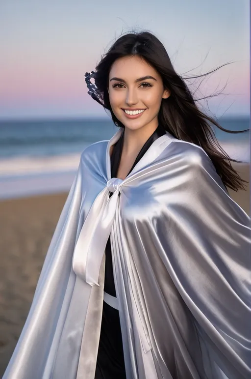 Prompt: Create a highly detailed, ultra realistic, AI defined image of a highly desirable "girl next door look" young adult college smiling student in a floor length glossy silver satin cape tied up at the neck with ribbon, ample cleavage, long black hair , wearing nothing , classic makeup, on the beach

wide landscape lense, ISO 500, Aperture f/22, APS-C, Splash art, dark fantasy art, stunning bokeh, cinematic lighting and scale, super detailed, 64k, high quality perfect lighting, perfect shadows.