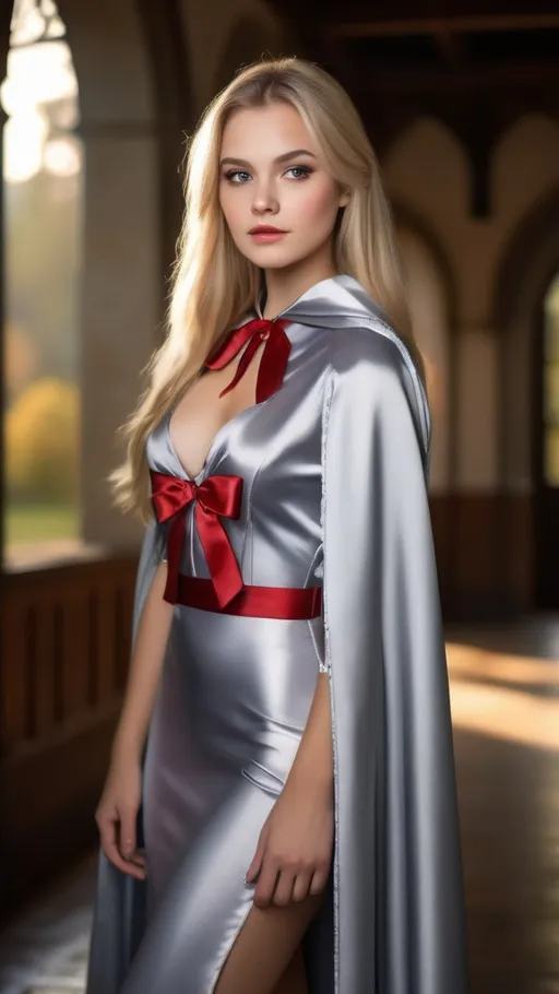 Prompt: Create a highly detailed, ultra realistic, AI defined image of a highly desirable "girl next door look" young adult college student with long blonde hair in a floor length silver satin cape tied at the neck with a ribbon , ample cleavage, inspiring lustful uniform, classic makeup, at a unique fantasy school, 

wide landscape lense, ISO 500, Aperture f/22, APS-C, Splash art, dark fantasy art, stunning bokeh, cinematic lighting and scale, super detailed, 64k, high quality perfect lighting, perfect shadows.