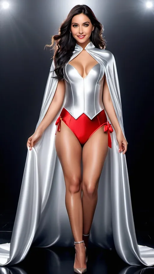 Prompt: (RAW photo, best quality, masterpiece, ultra-detailed, high res), (realistic),(extremely delicate and beautiful:1), mesmerizing full body shot of a beautiful woman 
, wearing a silver satin cape tied at the neck with ribbon ties , red miniskirt , long black hair , detailed features, smiling slightly reflecting lights, glimmering lights, expression of feelings, imaginative, highly detailed, extremely high-resolution details, photographic, realism pushed to extreme, fine texture, 4k, ultra-detailed, high quality, high contrast