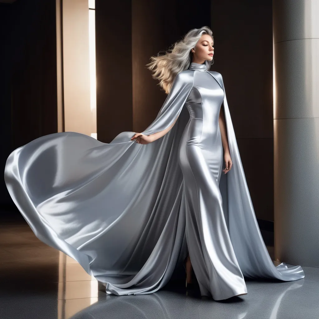 Prompt: Beautiful girl long windswept silver hair , floor length high collar glossy silver satin cloak , glossy dress , 8K ,   film grain, intricate, full length , photorealistic , wide shot