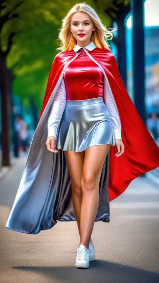 Prompt: Very pretty blonde girl wearing a floor length Red satin cape with glossy silver lining, glossy skater skirt , 8K , ultrarealistic ,HDR , highly detailed , full body shot