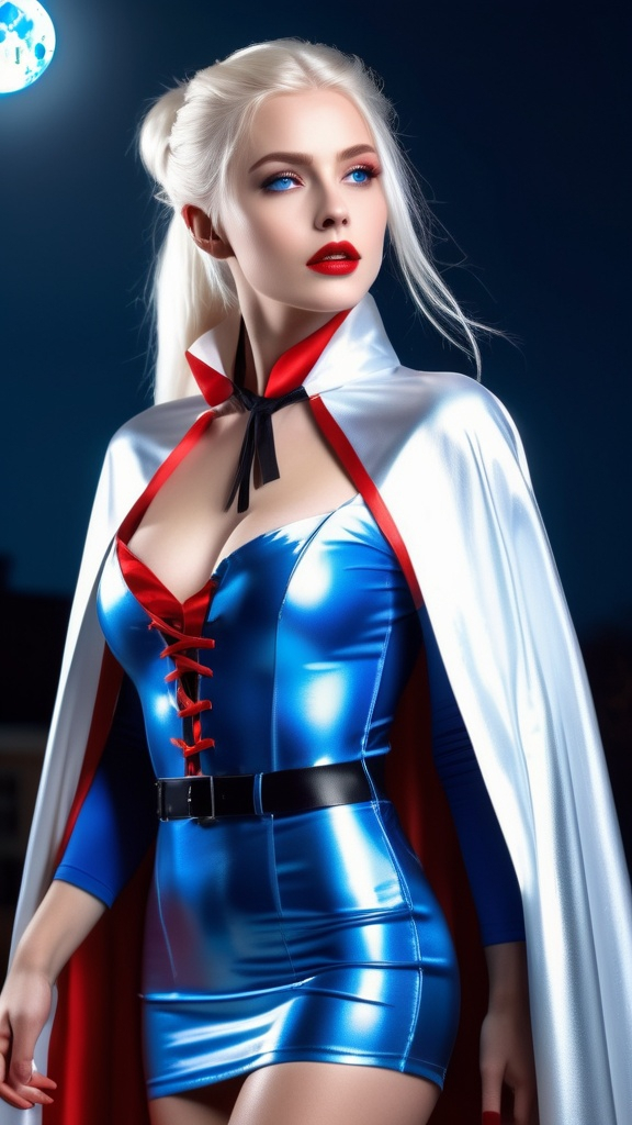 Prompt: long high collar shiny Silver cloak tied at the neck , breathtakingly beautiful vampire girl , (waist length platinum blonde hair)+++ , ponytail, windswept ,  blue eyes , red lips , pencil skirt , night , moonlight , ultrarealistic, film grain , full body , full length , 8K , elfish undertones, 