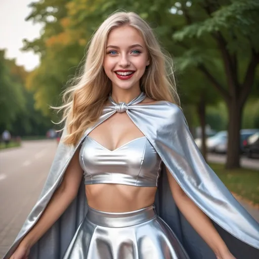 Prompt: breathtakingly beautiful smiling girl , long blonde hair , blue eyes , red lips , (((wearing  a long shiny silver cape tied at neck ))+++ ,  crop top , silver skater skirt  ,full body , 8K , insane details, lifelike, elegant ,  DSLR ,HDR , film grain