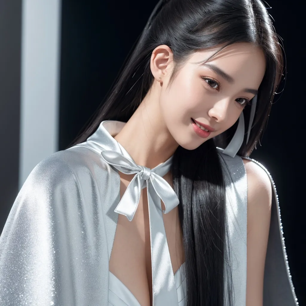 Prompt: (RAW photo, best quality, masterpiece, ultra-detailed, high res), (realistic),(extremely delicate and beautiful:1), mesmerizing portrait of a woman with long black hair in sleek high ponytail detailed features, smiling slightly reflecting lights, glimmering lights, expression of feelings, imaginative, highly detailed, extremely high-resolution details, photographic, realism pushed to extreme, fine texture, 4k, ultra-detailed, high quality, high contrast, wearing silver satin cape tied at neck with ribbon ties full body shot