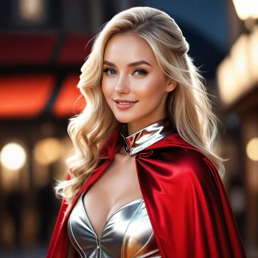 Prompt: (RAW photo, best quality, masterpiece, ultra-detailed, high res), (realistic),(extremely delicate and beautiful:1), mesmerizing woman with long blonde hair in sleek high ponytail , (((wearing glossy silver and red lined cloak fastened at the neck :1.20))), , miniskirt , detailed features, smiling slightly reflecting lights, glimmering lights, expression of feelings, imaginative, highly detailed, extremely high-resolution details, photographic, realism pushed to extreme, fine texture, 4k, ultra-detailed, high quality, high contrast, full body shot