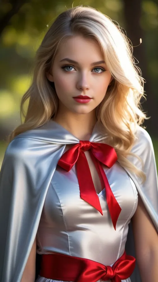 Prompt: Create a highly detailed, ultra realistic, AI defined image of a highly desirable "girl next door look" young adult college student in a floor length silver satin cape tied at the neck with a ribbon , long blonde blonde , ample cleavage, glossy red miniskirt , classic makeup, at a unique fantasy school, 

wide landscape lense, ISO 500, Aperture f/22, APS-C, Splash art, dark fantasy art, stunning bokeh, cinematic lighting and scale, super detailed, 64k, high quality perfect lighting, perfect shadows.