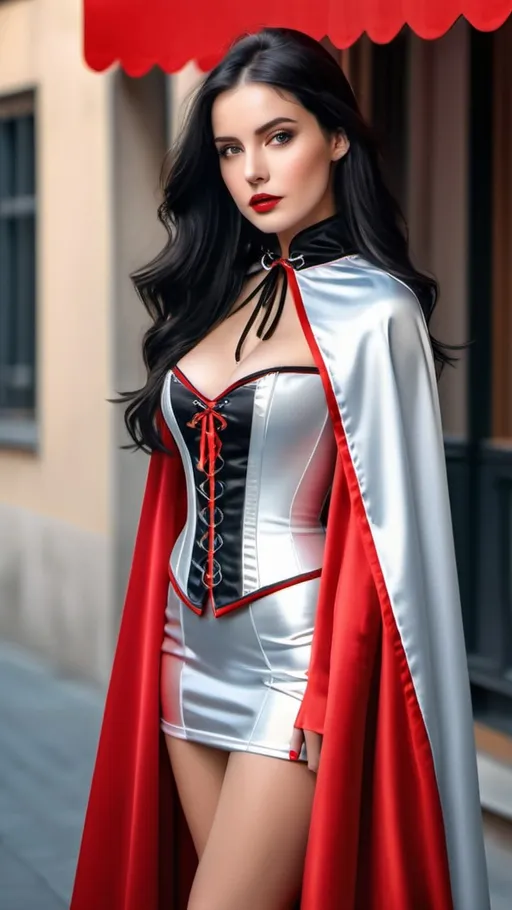 Prompt: ((long high collar shiny silver and red lined cloak tied at the neck)), delicate and beautiful , pretty girl , long black hair , silver corset and short skirt , RAW Photo , full colour , best quality , HDR , photographic , realism pushed to extreme , fine texture , ultrarealistic, film grain , full length , 8K , vogue,