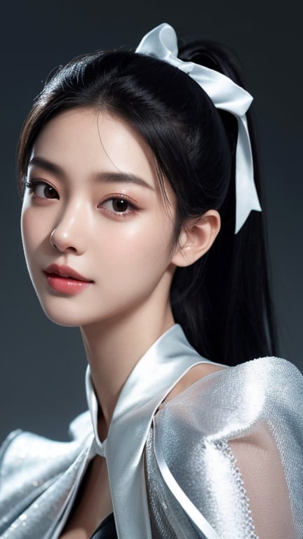 Prompt: (RAW photo, best quality, masterpiece, ultra-detailed, high res), (realistic),(extremely delicate and beautiful:1), mesmerizing portrait of a woman with long black hair in sleek high ponytail detailed features, smiling slightly reflecting lights, glimmering lights, expression of feelings, imaginative, highly detailed, extremely high-resolution details, photographic, realism pushed to extreme, fine texture, 4k, ultra-detailed, high quality, high contrast, wearing silver satin cape tied at neck with ribbon ties full body shot