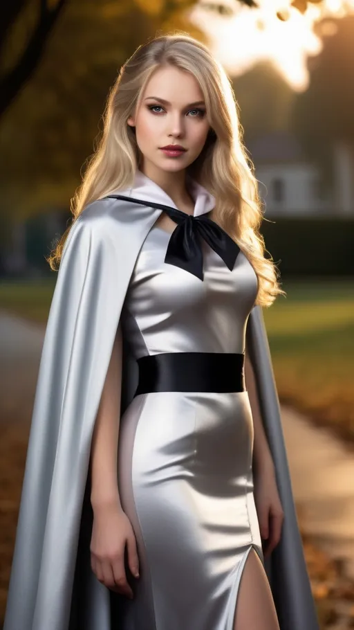 Prompt: Create a highly detailed, ultra realistic, AI defined image of a highly desirable "girl next door look" young adult college student with long blonde hair in a floor length silver satin cape tied at the neck with a ribbon , ample cleavage, inspiring lustful uniform, classic makeup, at a unique fantasy school, 

wide landscape lense, ISO 500, Aperture f/22, APS-C, Splash art, dark fantasy art, stunning bokeh, cinematic lighting and scale, super detailed, 64k, high quality perfect lighting, perfect shadows.