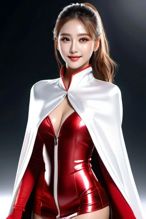 Prompt: (RAW photo, best quality, masterpiece, ultra-detailed, high res), (realistic),(extremely delicate and beautiful:1), mesmerizing woman with long hair in sleek high ponytail , (((wearing glossy silver and red lined cloak fastened at the neck :1.20))), , miniskirt , detailed features, smiling , expression of feelings, imaginative, highly detailed, extremely high-resolution details, photographic, realism pushed to extreme, fine texture, 4k, ultra-detailed, high quality, high contrast, full body shot