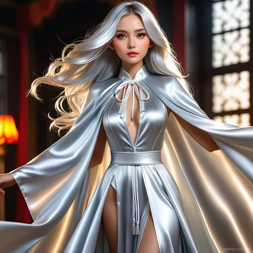 Prompt: Floor length Mandarin collar shiny silver cloak tied at the neck with ribbons , beautiful girl , delicate features , long silver hair , (white satin chemise:1,9), RAW Photo , full colour , best quality , HDR , photographic , realism pushed to extreme , fine texture , ultrarealistic, film grain , full length , 8K , ultrsrealistic , highly detailed