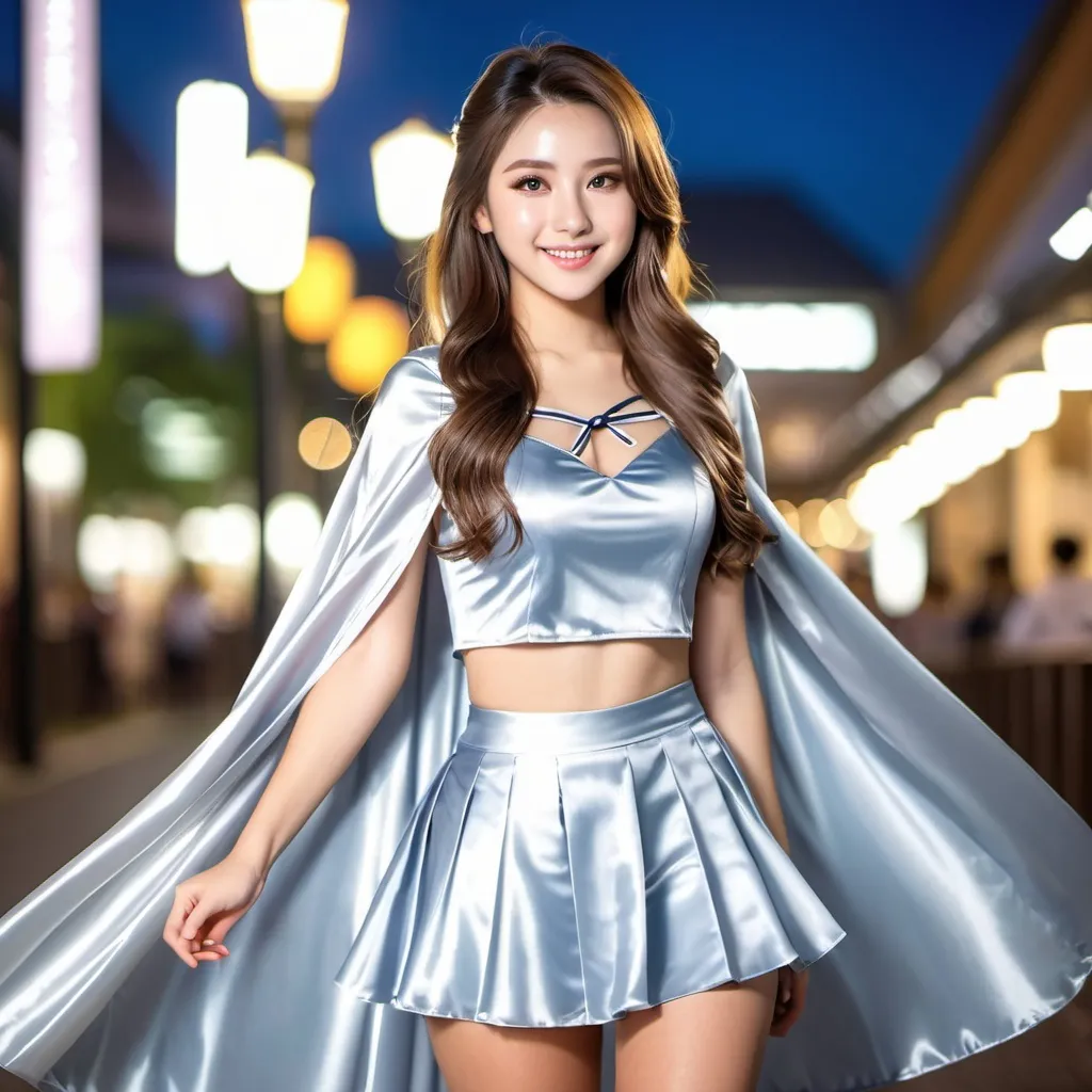 Prompt: (RAW photo) , 1girl, cute, 20 years old, long hair , smiling, look at viewer, ((((silver satin cape )))+++, side spilt skirt , seifuku, photo, realistic, best quality, hires, detailed face, detailed background, diffused lighting, depth of field, bokeh