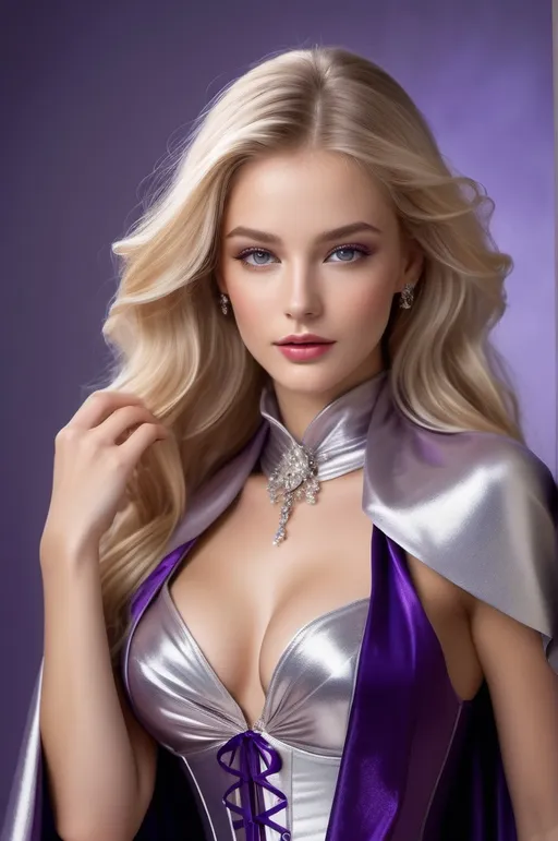 Prompt: A breathtakingly stunning young woman with long flowing blonde hair stands tall, draped in a lavish cloak of shimmering silver and regal purple. The high collar accentuates her elegant posture, while the ribbon delicately ties the cloak at her neck. Her silver corset and short skirt perfectly complement her enchanting attire. In this RAW photo, the vibrant colors burst forth, displaying the utmost realism. Every exquisite detail, from the fine textures to the film grain, is meticulously captured in full 8K resolution. This epic realism immerses you in a candid, photorealistic moment worthy of Vogue's lifestyle photography.