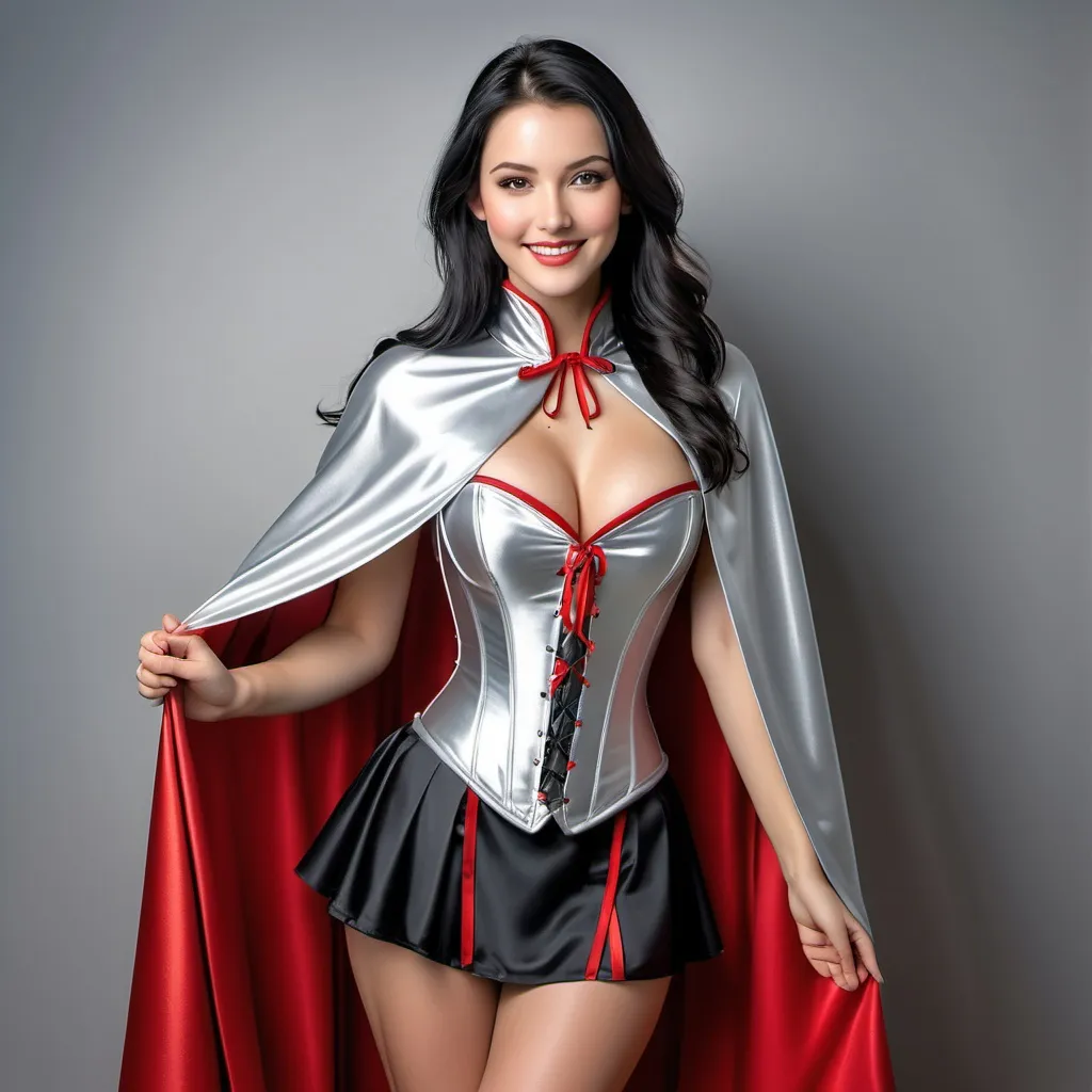 Prompt: ((long high collar shiny silver and red lined cloak tied at the neck)), delicate and beautiful , demure girl , long black hair , shyly smiling  , silver corset and short skirt , right arm sweeping cape to the left,  RAW Photo , full colour , best quality , HDR , photographic , realism pushed to extreme , fine texture , ultrarealistic, film grain , full length , 8K , vogue,