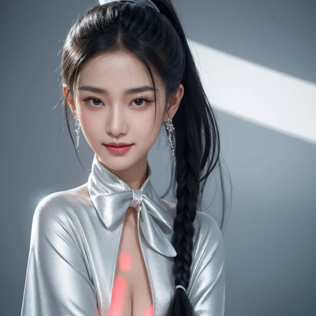 Prompt: (RAW photo, best quality, masterpiece, ultra-detailed, high res), (realistic),(extremely delicate and beautiful:1), mesmerizing portrait of a woman with long black hair in sleek high ponytail detailed features, smiling slightly reflecting lights, glimmering lights, expression of feelings, imaginative, highly detailed, extremely high-resolution details, photographic, realism pushed to extreme, fine texture, 4k, ultra-detailed, high quality, high contrast, wearing silver satin cape tied at neck with ribbon ties full body shot