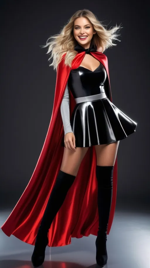 Prompt: pretty smiling woman , long windswept hair , floor length glossy black and red cape tied at the neck with ribbon , glossy silver skater skirt , full length , 8k , ultrarealistic