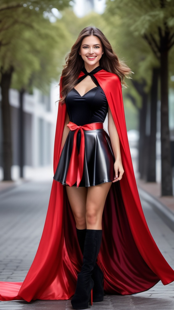 Prompt: pretty smiling woman , long windswept hair , floor length glossy black and red cape tied at the neck with ribbon , glossy silver skater skirt , full length , 8k , ultrarealistic