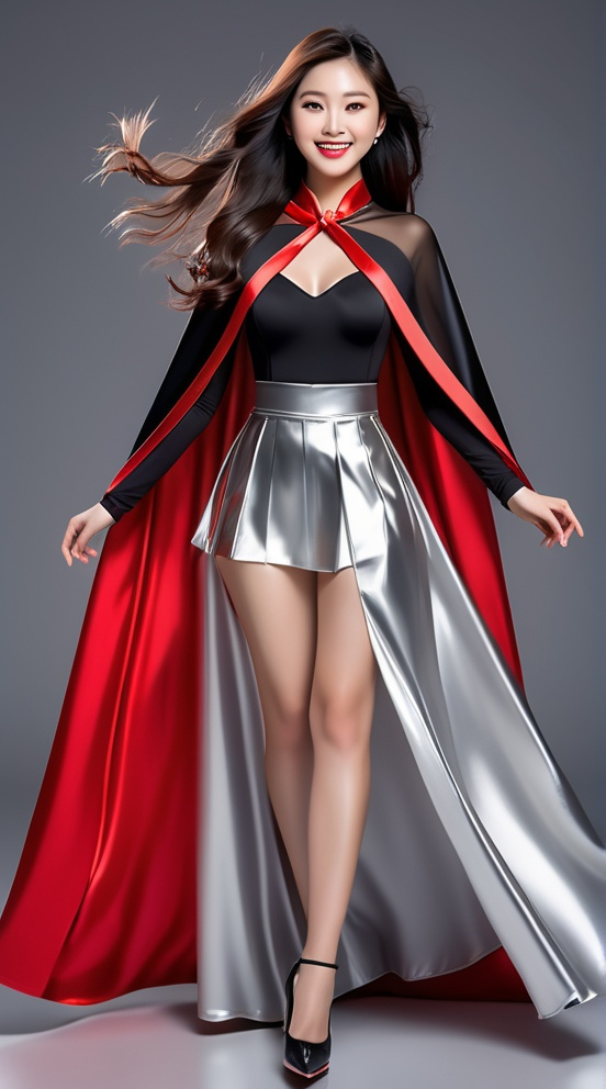 Prompt: pretty smiling chinese woman , long windswept hair , floor length glossy black and red cape tied at the neck, glossy silver skater skirt , full length , 8k , ultrarealistic