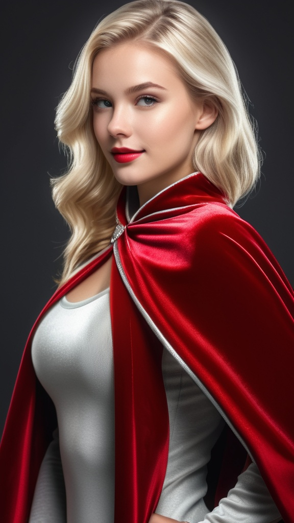 Prompt: Very pretty blonde girl wearing a Red velvet cape with glossy silver lining, 8K , ultrarealistic ,HDR , highly detailed