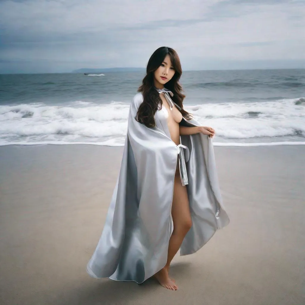 Prompt:  Lifelike image of a pretty Japanese girl wearing a silver satin cape tied at the neck with a ribbon and wearing a silver swimsuit ,long wavy hair , on a beach 
 ultrarealistic, film grain